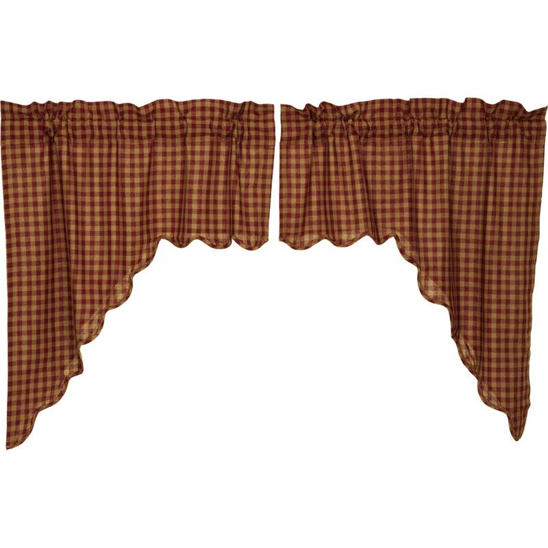 Primitive Kitchen Curtains VHC Burgundy Check Swag Pair Rod Pocket Cotton Check - Swag 36x36x16
