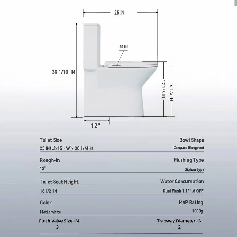 1.1/1.6 GPF Tornado Flush One-Piece Toilet with Comfort Chair Seat ADA Height 17",Siphonic S-trap 12",Rimless Bowl