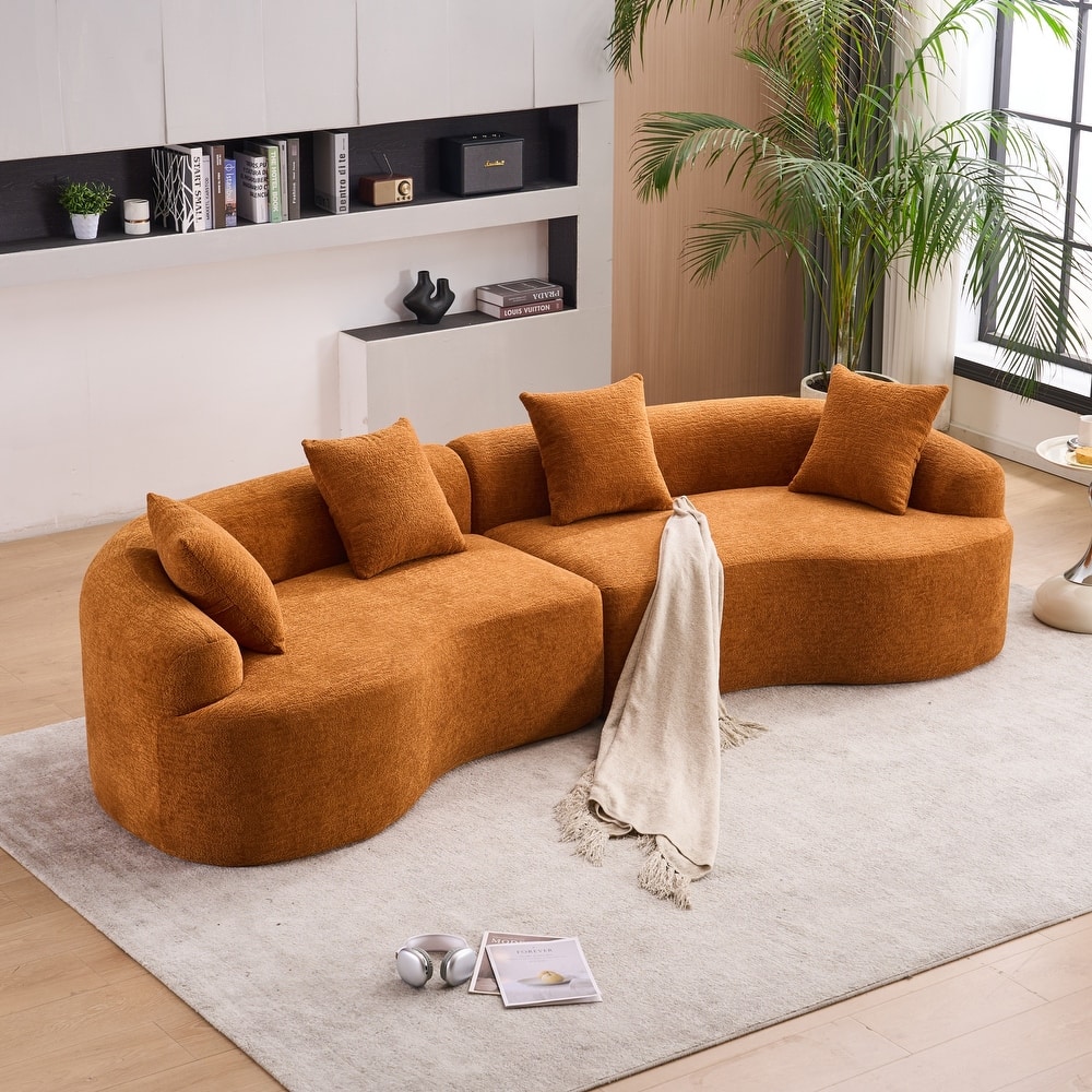 Chenille Floor Standing Curved Sectional Sofa Modular Lounge Sleeper Couch Full Compression Sponge Sofa with Pillows