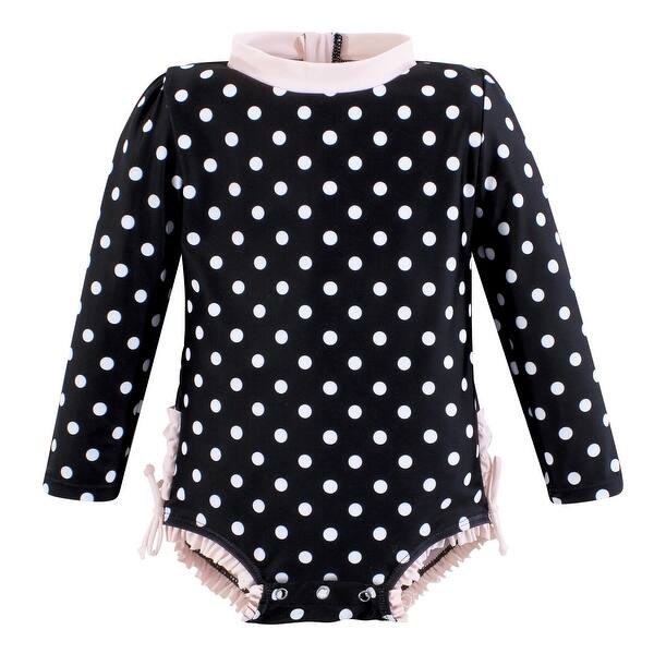 slide 1 of 1, Hudson Baby Girls Rashguard Baby Swimsuit, Black Dot Pink 12-18 Months - Black Dot Pink Baby