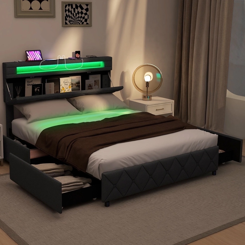Full Bed Frame Led Lights & Charging Station & Modern Upholstered Bed