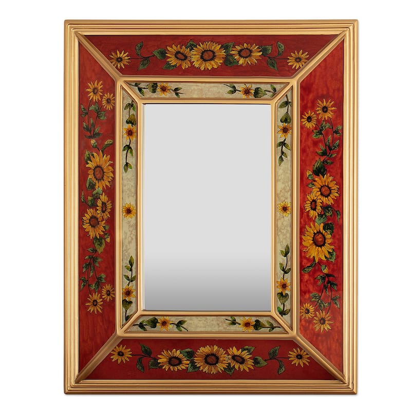 Novica Handmade Flowers For The Fire Reverse-Painted Glass Wall Mirror - Red