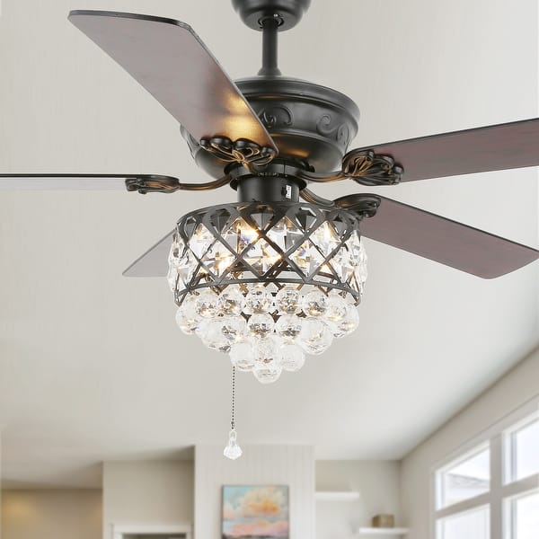 CROSSIO 52" Crystal Ceiling Fan With Light - Remote Control Chandelier Fan | 5 Wood Blades