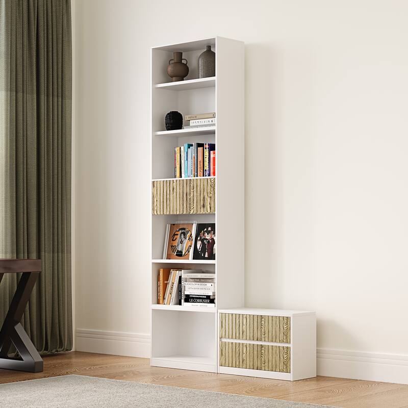 85.8'' Tall Bookcase with Movable Footstool and Open Shelves Storage Drawers