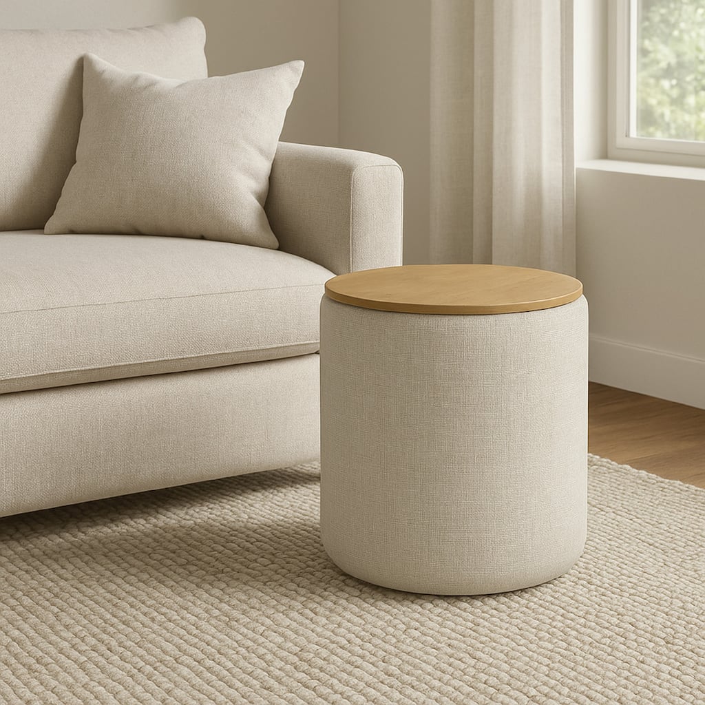 Mesy Storage Ottoman, Brown 19 Inch Round Tray Top, Gray Woven Fabric