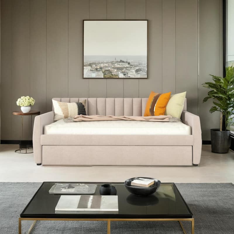 Full Size Upholstered Daybed with Trundle and Wood Slat Support