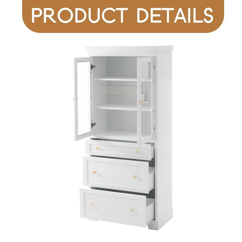70.1" Modern High Freestanding Tall Bathroom Cabinet with 2 Adjustable Shelves, 3 Drawers, Soft Close Glass Doors