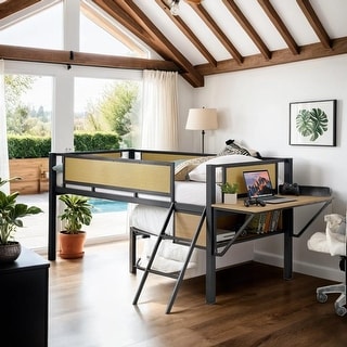 Single Twin metal loft bed with rectangular desk, Brown