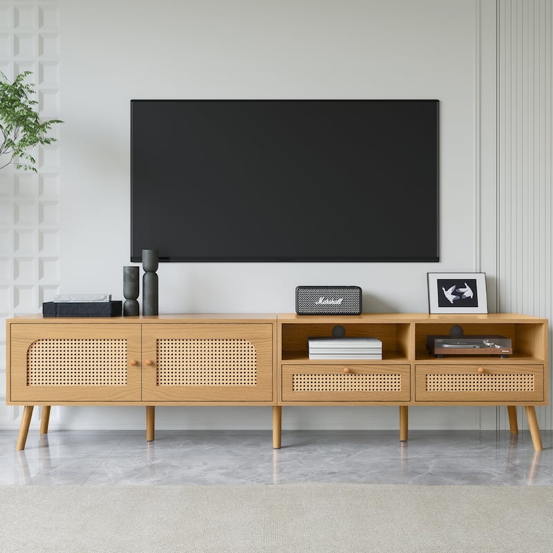 Roomfitters Boho TV Stand for 85" TVs, Farmhouse Media Console with Wood Legs, Entertainment Cabinet for Living Room, Natural
