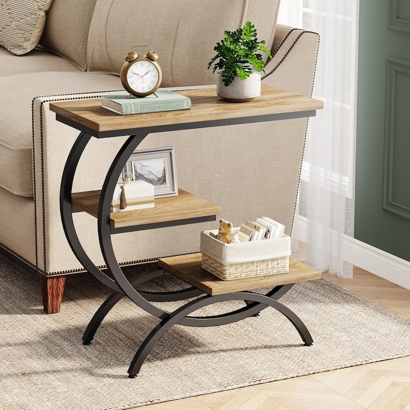 C-Shaped End Table, Industrial 3-Tier Side Table, Wood Bedside Table