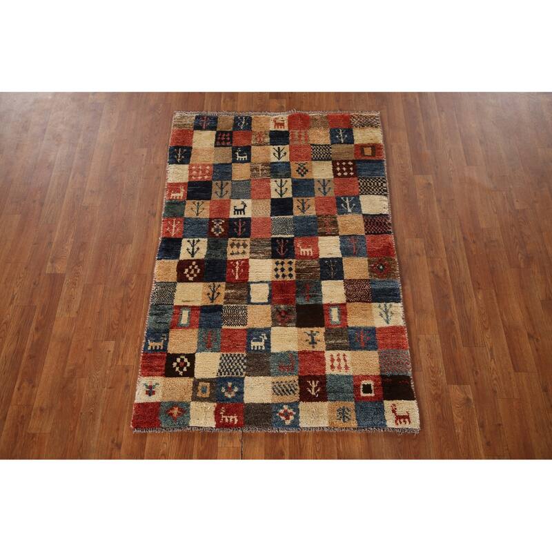 Tribal Checkered Gabbeh Persian Vintage Area Rug Handmade Wool Carpet - 3'4"x 5'1"
