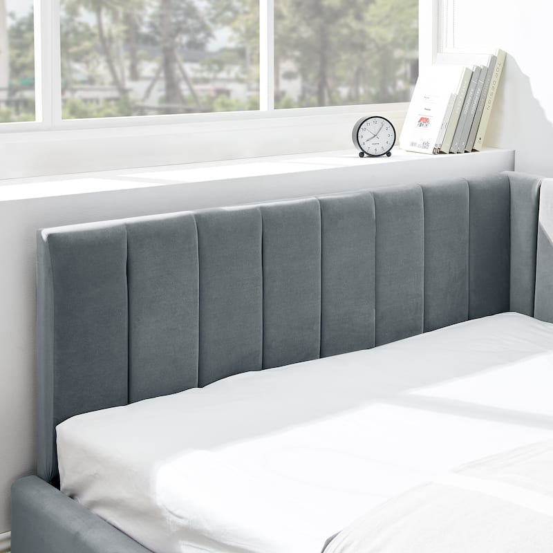 Velvet Upholstered Tufted Daybed, Full Size Sofa Bed, L-shape Wingback Corner Bed Frame with Wooden Slats Metal Legs Supports