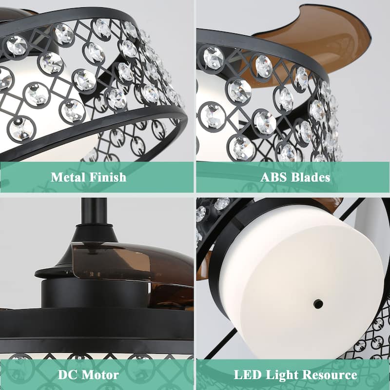 Cusp Barn 22" Retractable Ceiling Fan with Lights and Remote, Modern Crystal 6 Speeds Enclosed Ceiling Fans for Bedroom