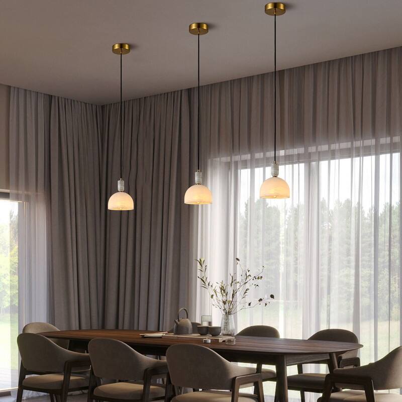 KAYLA Nordic Pendant Light Fixture - Round Alabaster Hanging Lamp with Brushed Brass Finish for Kitchen Island, Dining Room