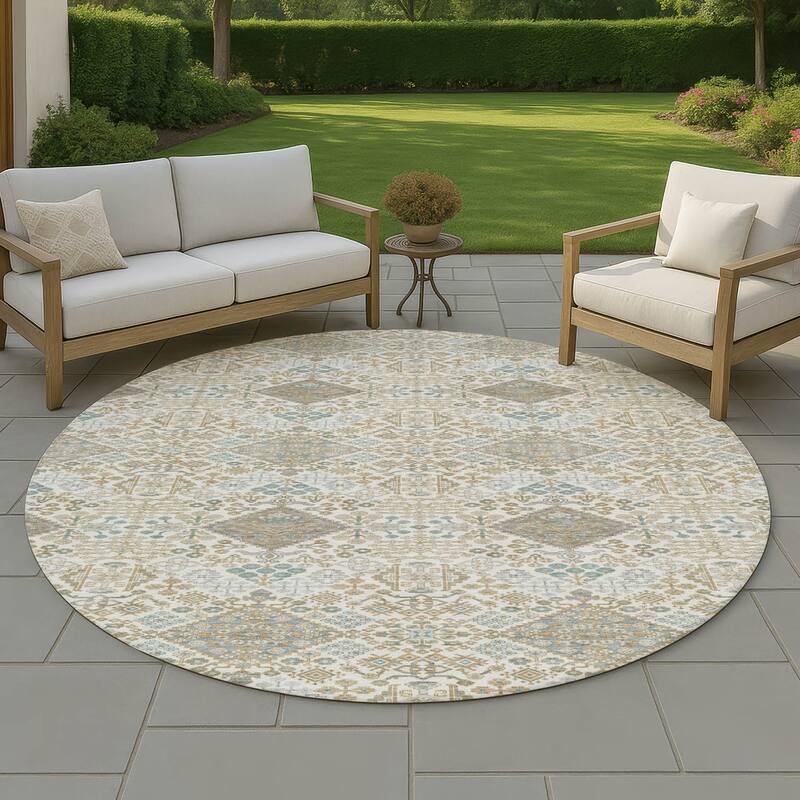 Machine Washable Indoor/ Outdoor Global Flory Chantille Rug - Ivory - 8' x 8'