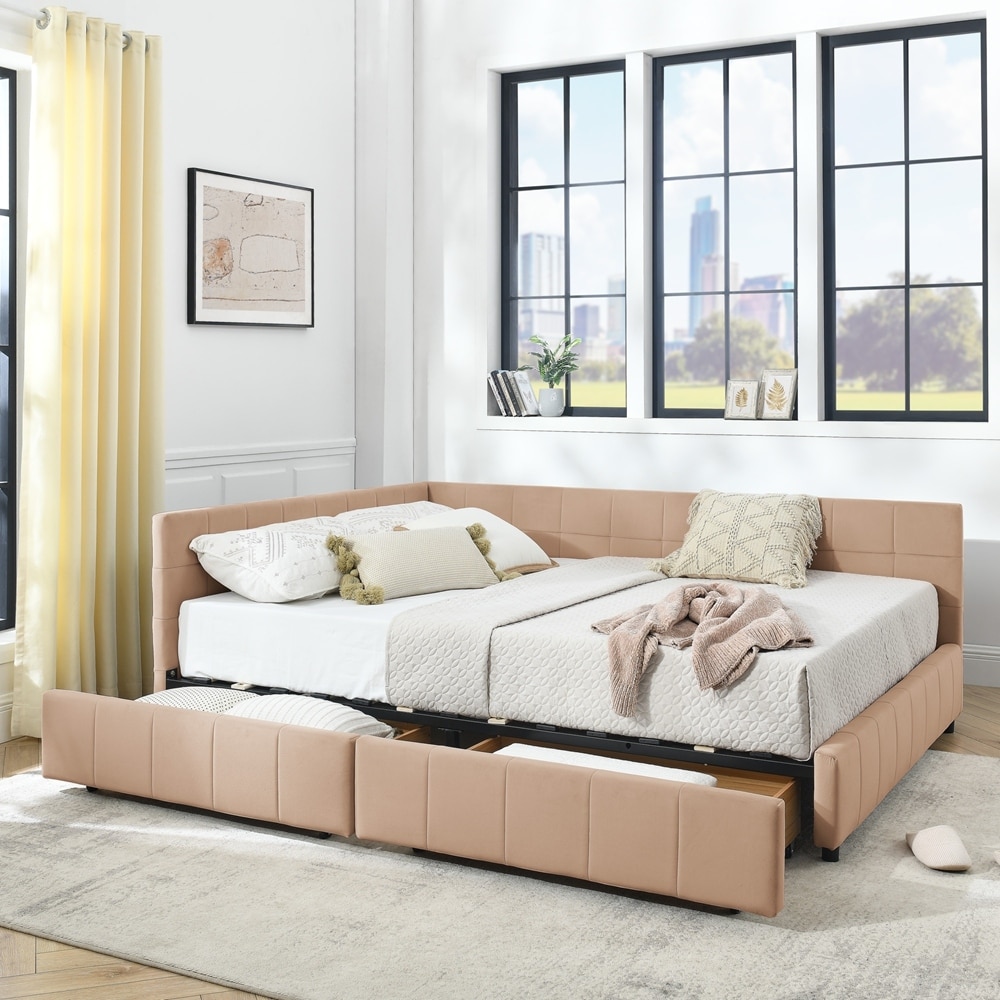 Bedroom Storage Upholstered Tufted DayBed With 2-Drawers