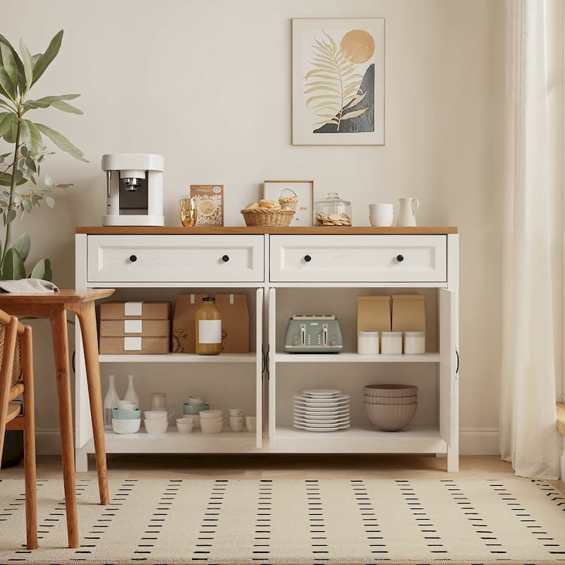 Farmhouse Kitchen Sideboard Buffet Cabinet with Storage, Wood Coffee Bar and Storage Sideboard with 2 Drawers and 4 Doors