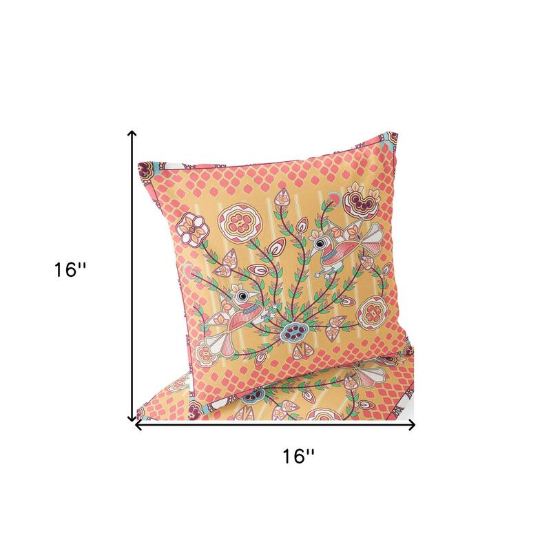 HomeRoots Set of Two 16" X 16" Yellow and Peach Peacock Blown Seam Floral Indoor Outdoor Throw Pillow - 16.00' X '16.00' X '5.00