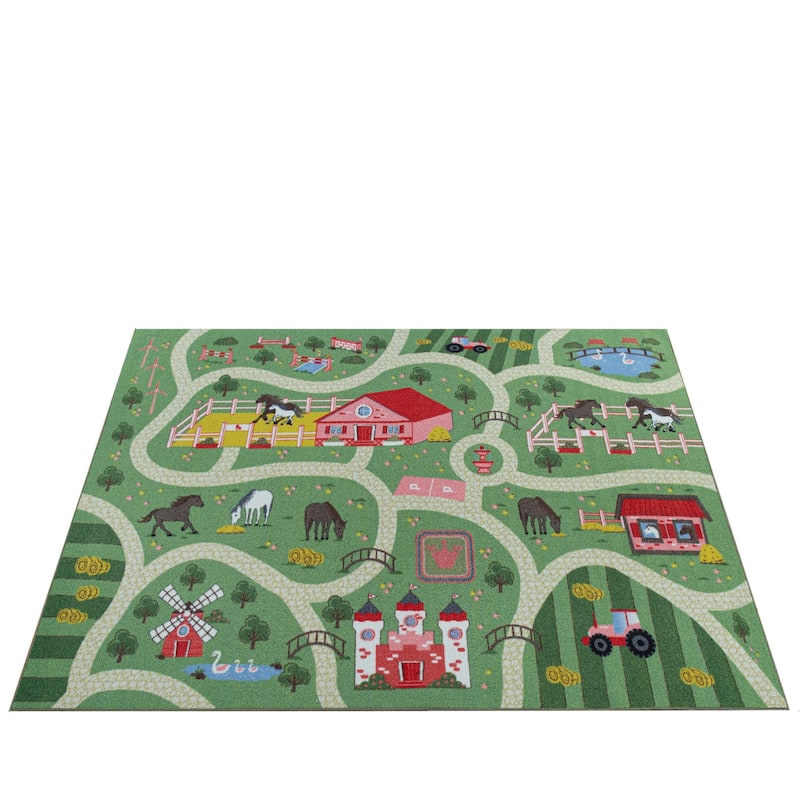 Kids Play Mat Rug Happy Horse Farm for Playroom Green