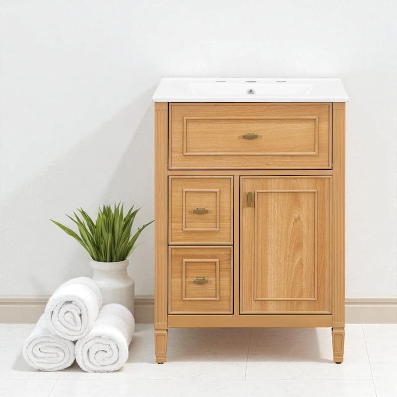 24" Bathroom Vanity with Sink, Flip Drawer and Storage Cabinet, Ceramic Top, Solid Wood Frame and Soft Close Design