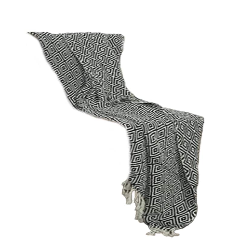 HomeRoots Black And White Cotton Chevron Throw Blanket with Tassels