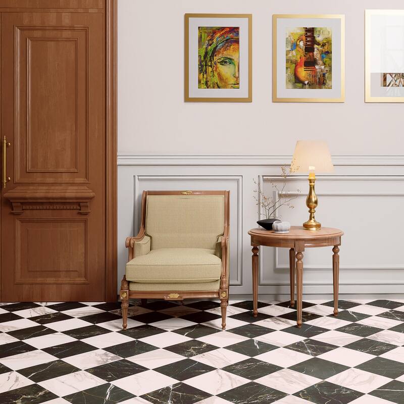 Merola Tile Reve Checker Noir with Rose 11-3/4" x 11-3/4" Porcelain Floor and Wall Tile