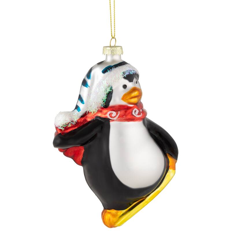 Snowboarding Penguin Glass Christmas Ornament - 4.25" - Black White and Red