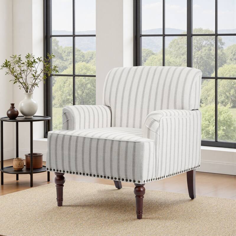 Linen Upholstered Armchair Nailhead Trim Accent Chair - PINSTRIPE GRAY - SINGLE