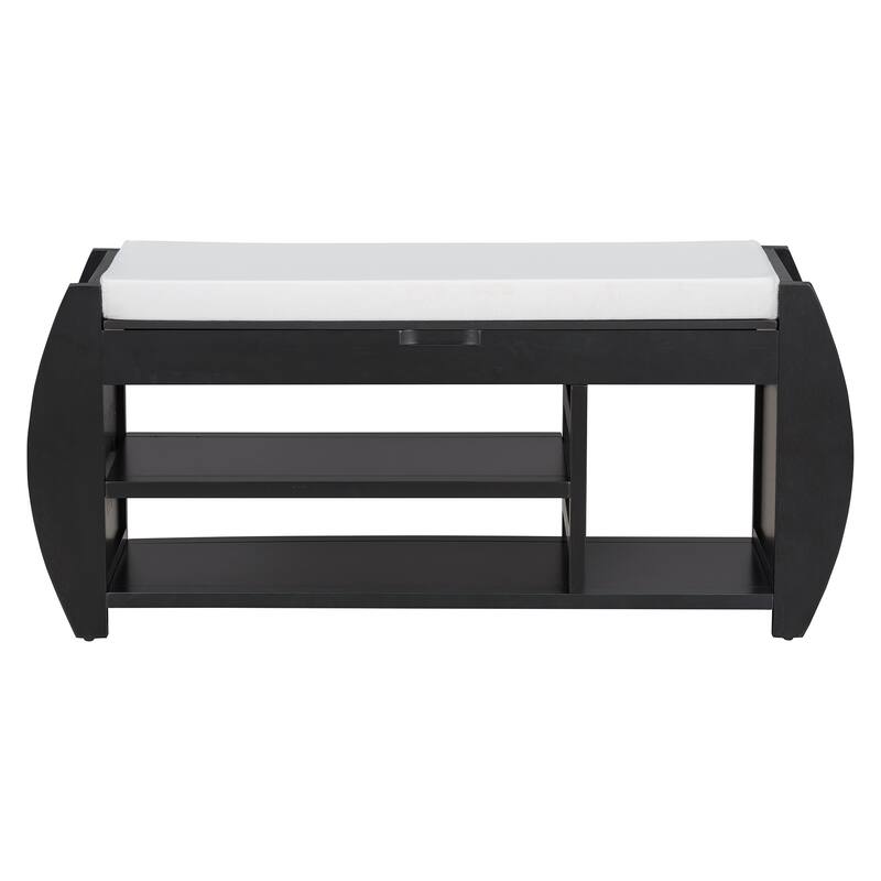 Wooden Panel 2-Tier Shoe Bench with Cushion & Curved Side Holder