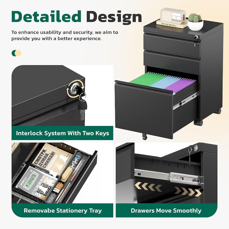 3 Drawer Metal File Cabinet, Mobile or Vertical Office Filling Cabinet