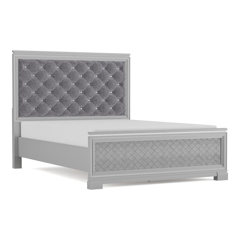 Seleena Glam Silver Fabric Upholstered Panel Bed with Button-Tufted by Furniture of America