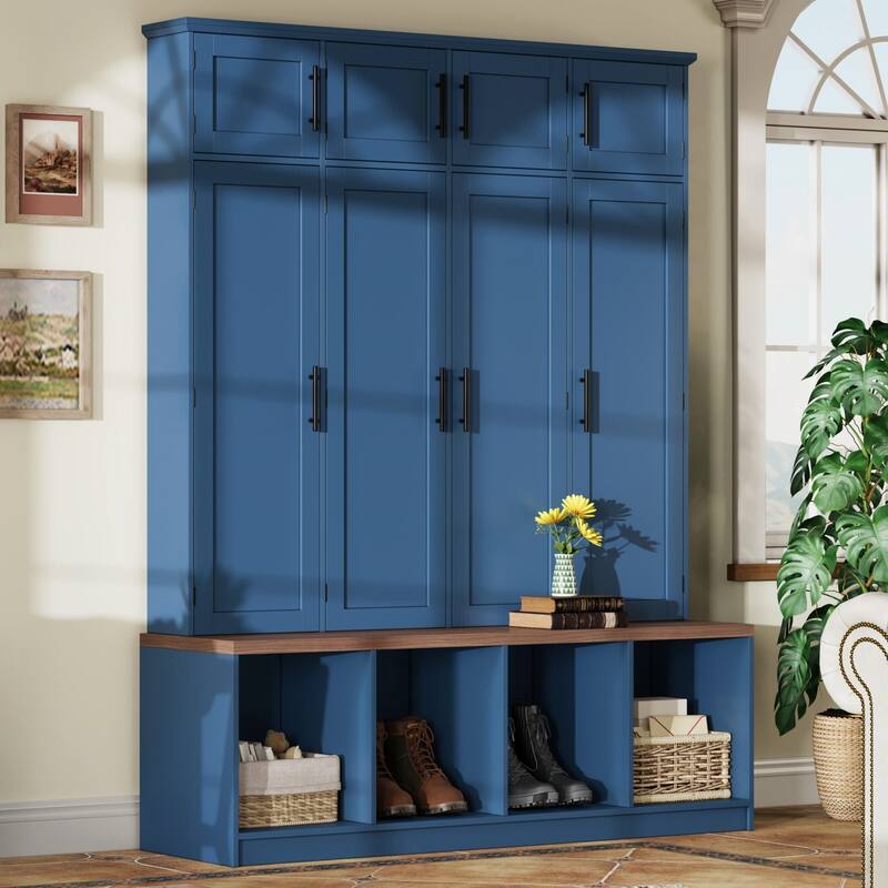 Roomfitters Farmhouse Hall Tree, 4 Hidden Hooks, Walnut Bench with 8 Doors, Entryway Shoe Cabinet