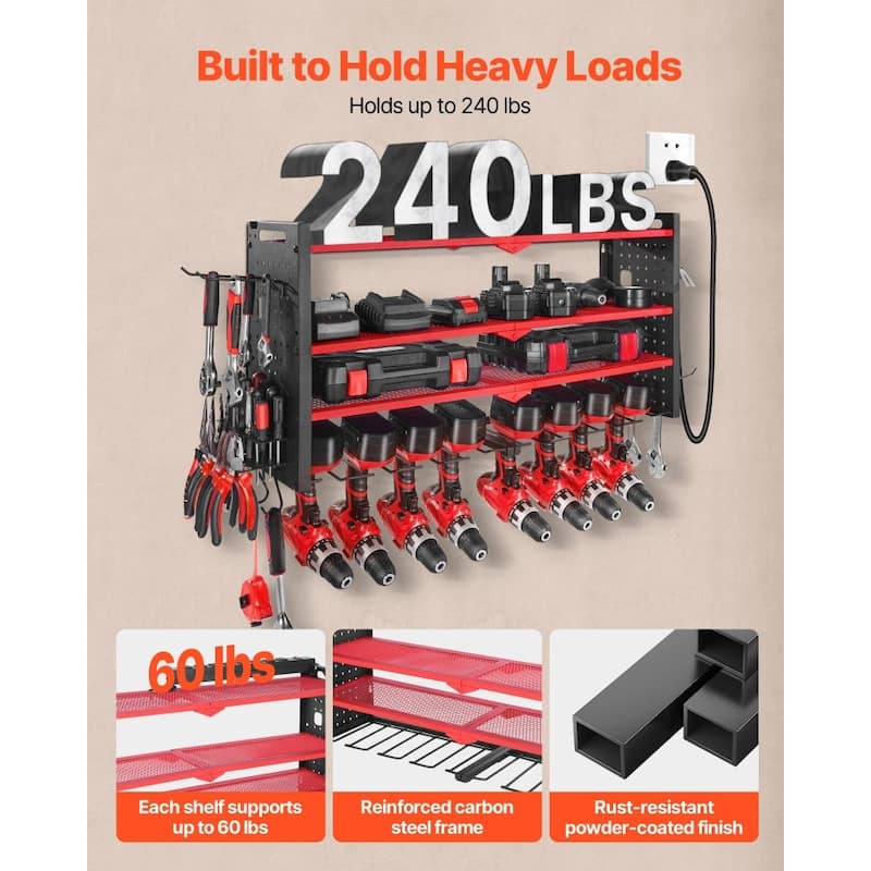 4-Tier Red Wall-Mounted Tool Organizer Rack with 8 Drill Slots and Pegboard Power Strip - 32.87 x 8.66 x 16.54 in