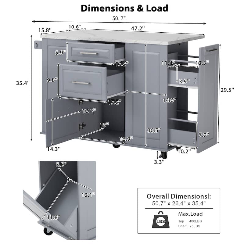 Roomfitters 50.7" Kitchen Island with Tilt Trash Can Cabinet, Pull-Out Organizer & Drop Leaf, Faux Marble Top, Grey Blue