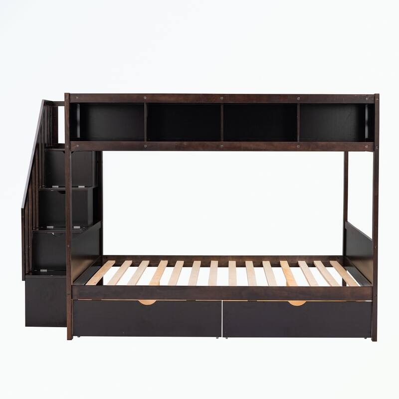 Twin over Full Bunk Bed with Shelfs, Storage Staircase and 2 Drawers
