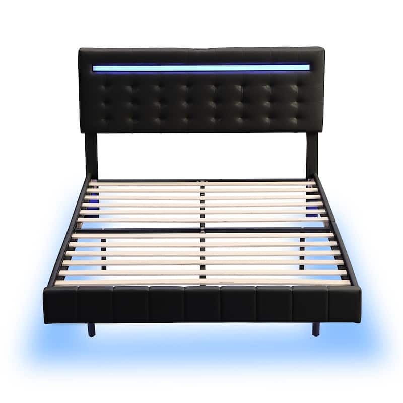 Full Size Floating Bed Frame with LED Lights and USB Charging