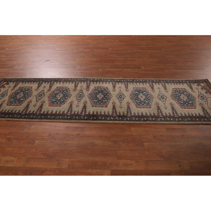 Geometric Viss Indian Runner Rug Handmade Wool Carpet - 2'6"x 9'9"