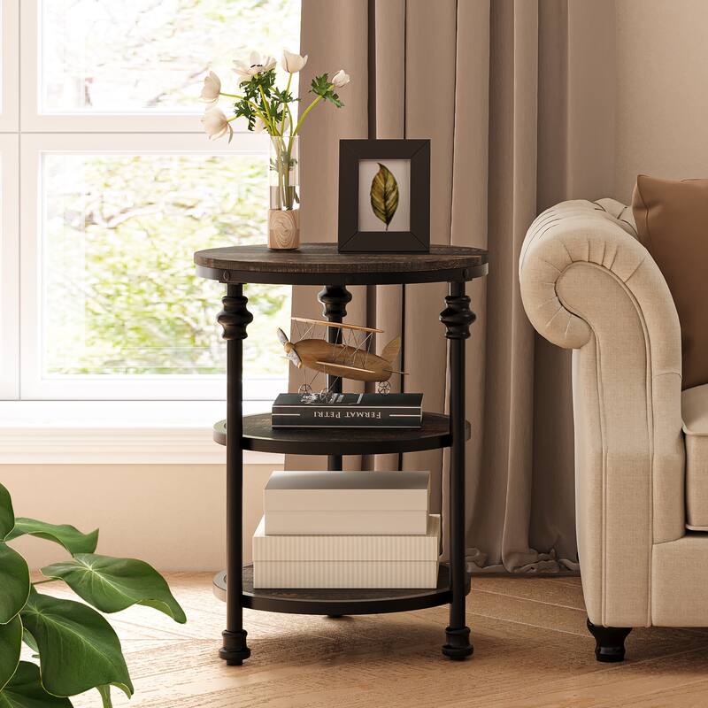End Table 3-Tier Round Side Table with Storage Shelf
