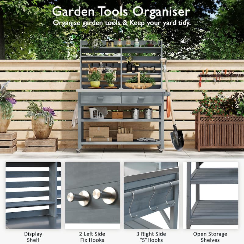 Outdoor Potting Bench Table with Lockable Wheels Solid Wood Kitchen Island and Stainless Steel Top