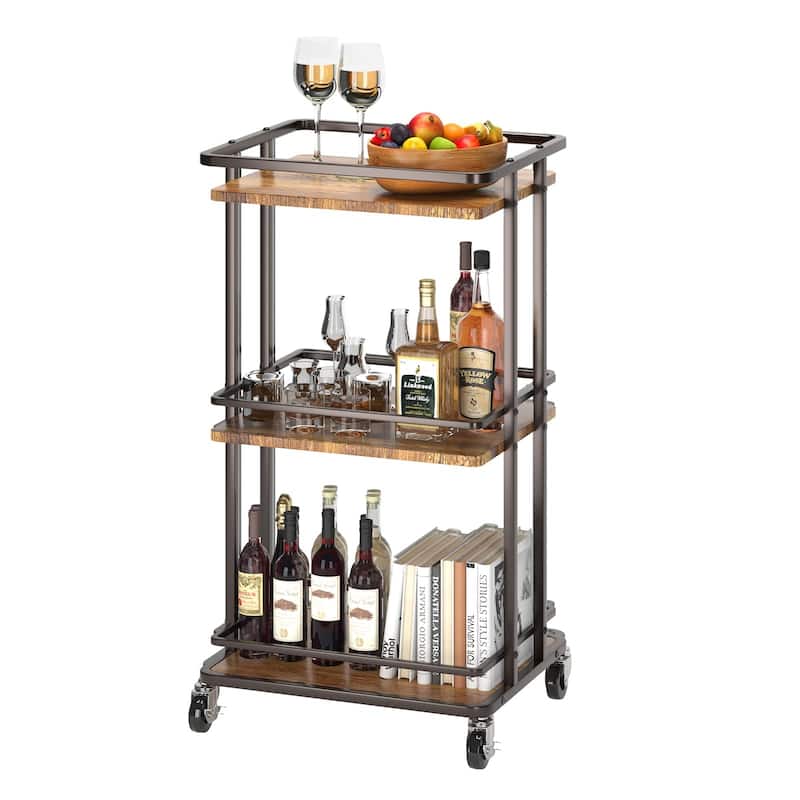3-Tier Rolling Serving Bar Cart, Wood and Metal Kitchen Island Storage Cart with Wheels, Multifunction Utility Drink Cart - Brown