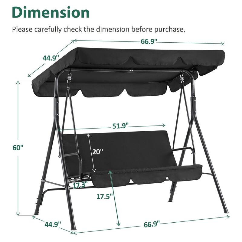 MCombo 3-Person Patio Swing Chair, Adjustable Canopy Hanging Swing, Removable Cushions, 4003