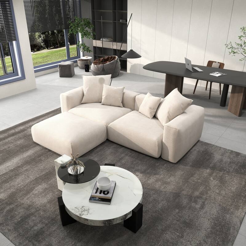 102" Oversized Corduroy Modular Sofa Reversible Couch with Ottoman - Beige
