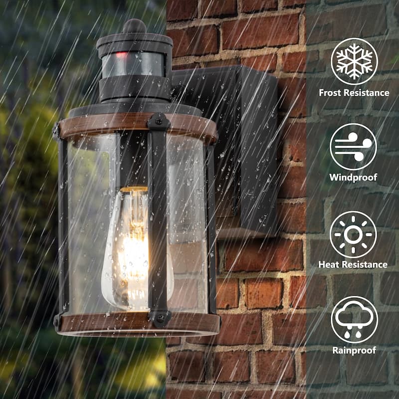 11.5"H Industrial Motion Sensor Outdoor Wall Lantern with GFCI outlet - Black