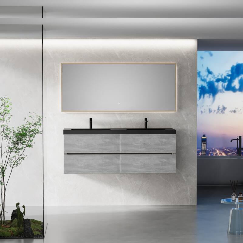 Modern Wall-Mounted Bathroom Vanity in Gray with Black Quartz Sand Top - 59.06'' x 19.69'' x 22.44''