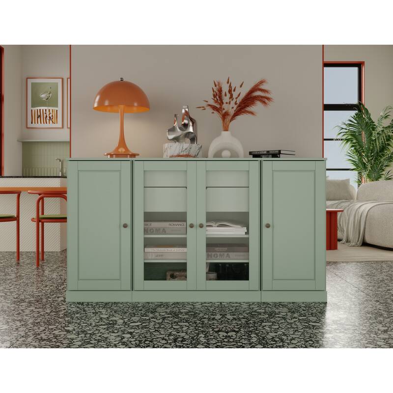 Palace Imports 100% Solid Wood 65" Sideboard with Solid, Clear Glass Doors, 2-Drawers and Adjustable Shelves - Sage