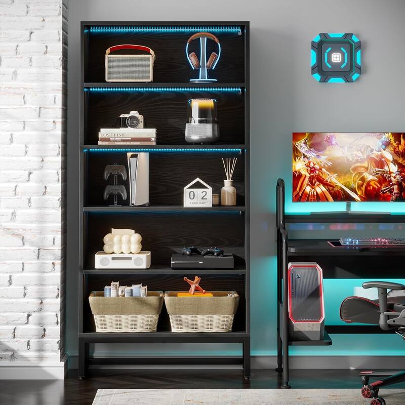 70.8" Tall Bookcase 5-tier Black Bookshelf with LED Lights for Home