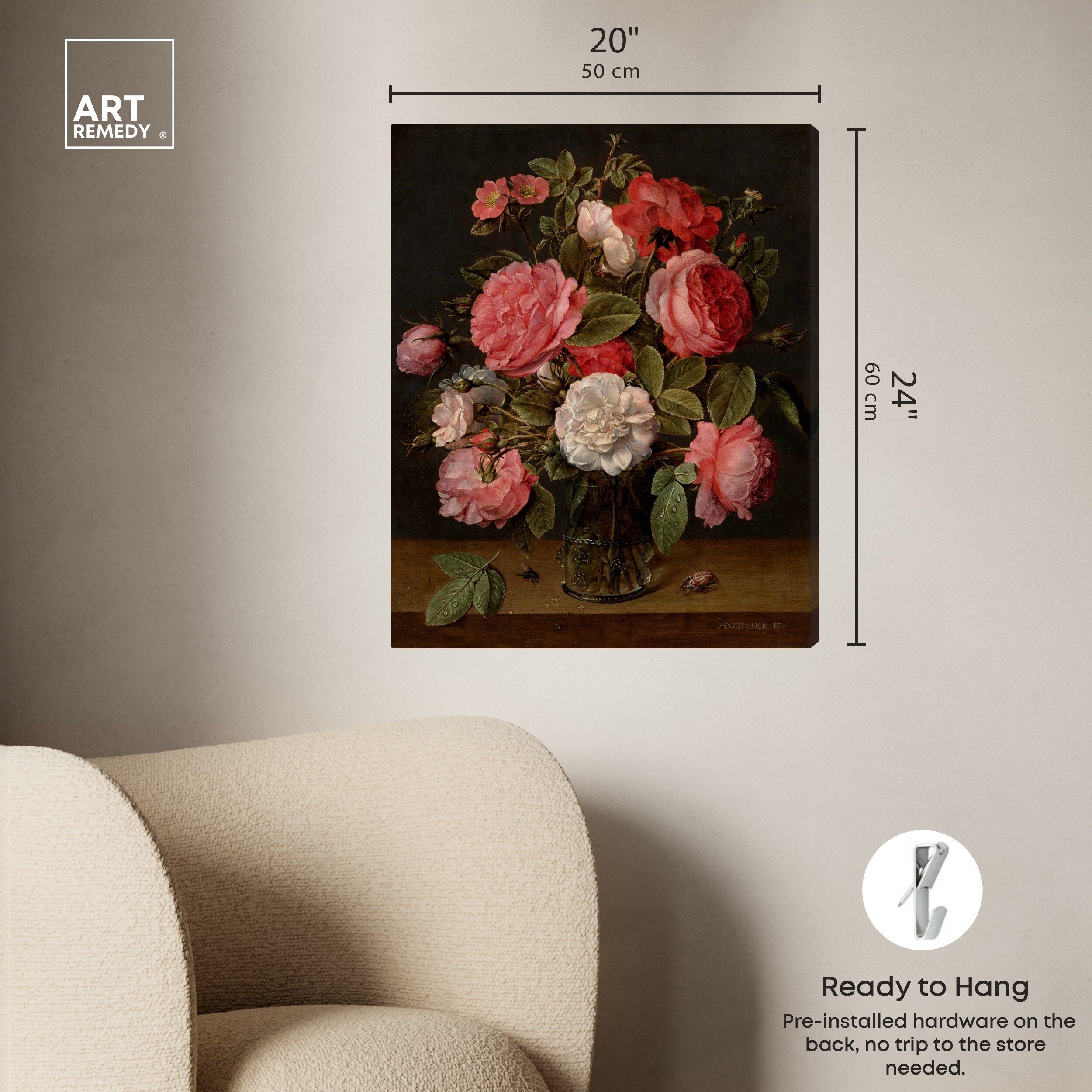 Jacob Van Hulsdonck-Roses In A Glass Vase Vintage Classic Canvas
