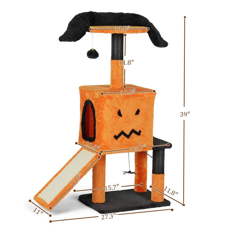 39" Halloween Cat Tree with Condo, Sisal Scratching Posts & Toys - 25.2" L × 12.0" W × 39.0" H