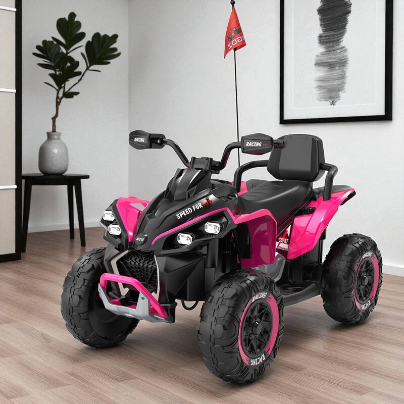 24V Kids Ride On ATV Quad with Remote Control, English Storytelling, Bluetooth, USB/MP3, Shock Absorber & Lights for Ages 3-12 - Black Pink