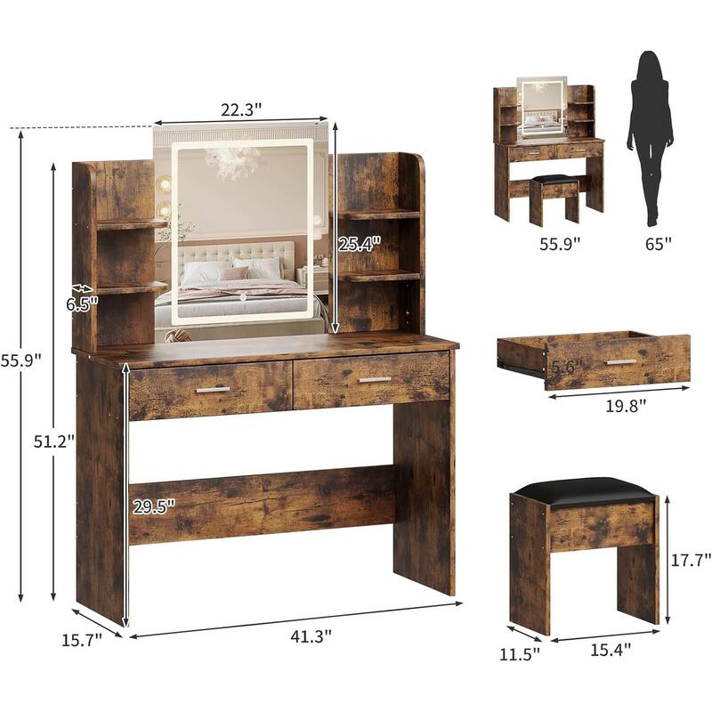 2 Drawers 6 Shelves Dressing Table, Makeup Vanity Desk with Mirror and Lights for Bedroom
